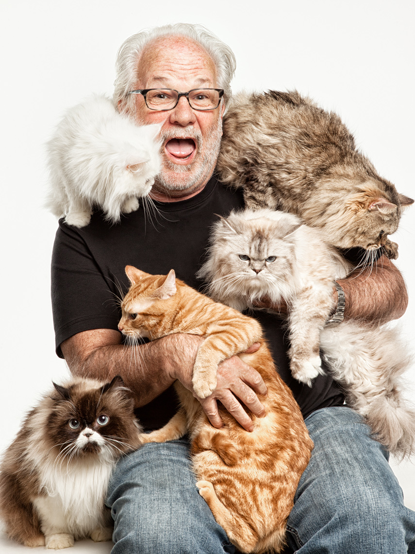 Los Angeles Cat Photography, Michael Brian, pet, dog, Man laughing holding five cats, studio portrait